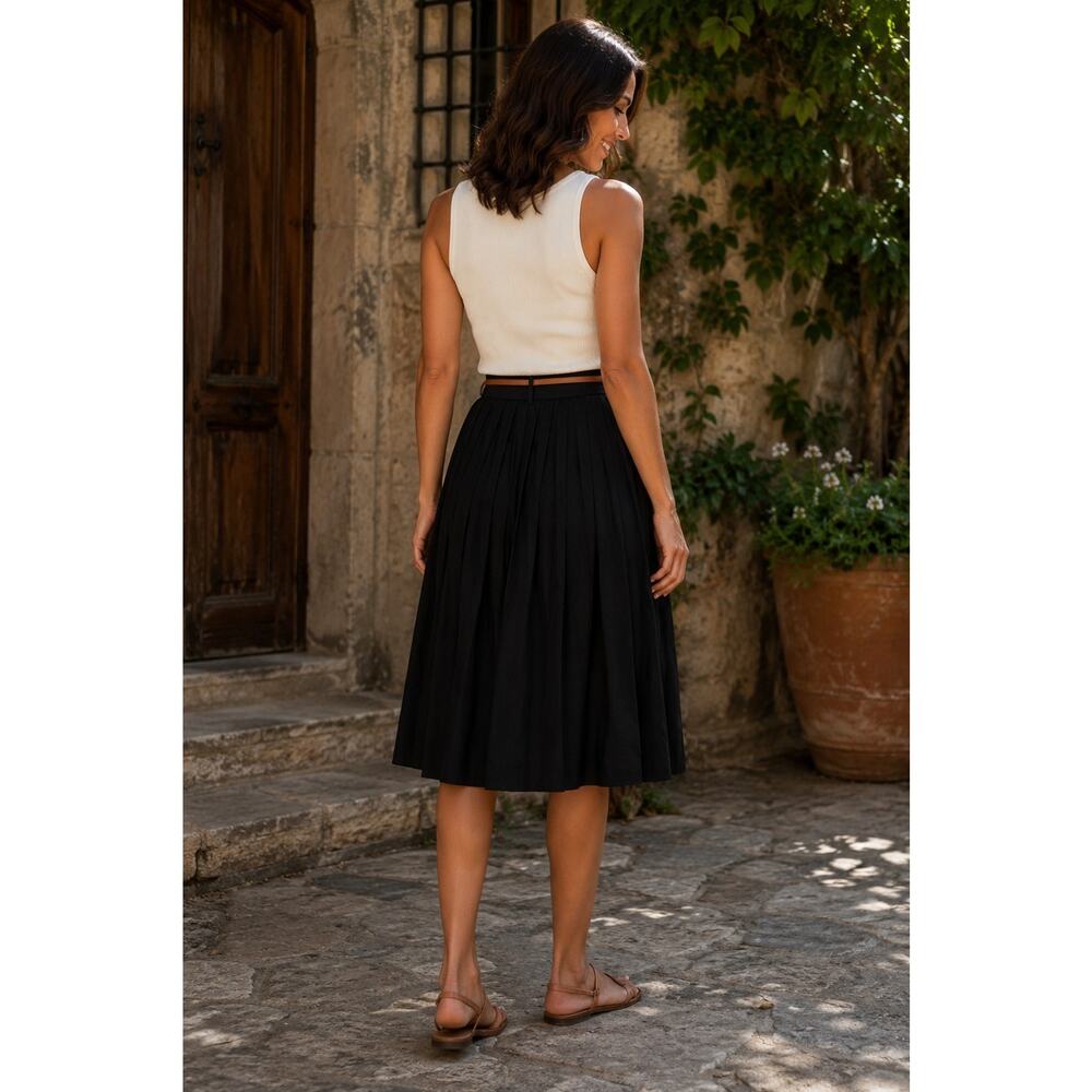 NWT Tulip B Black Cotton Midi A-Line Skirt Belted Lined Side Zip Size Small - Picture 2 of 8